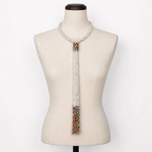 Maasai Kenyan Handmade White Seed Bead Lariat Necklace Multi Color Tassel Fringe